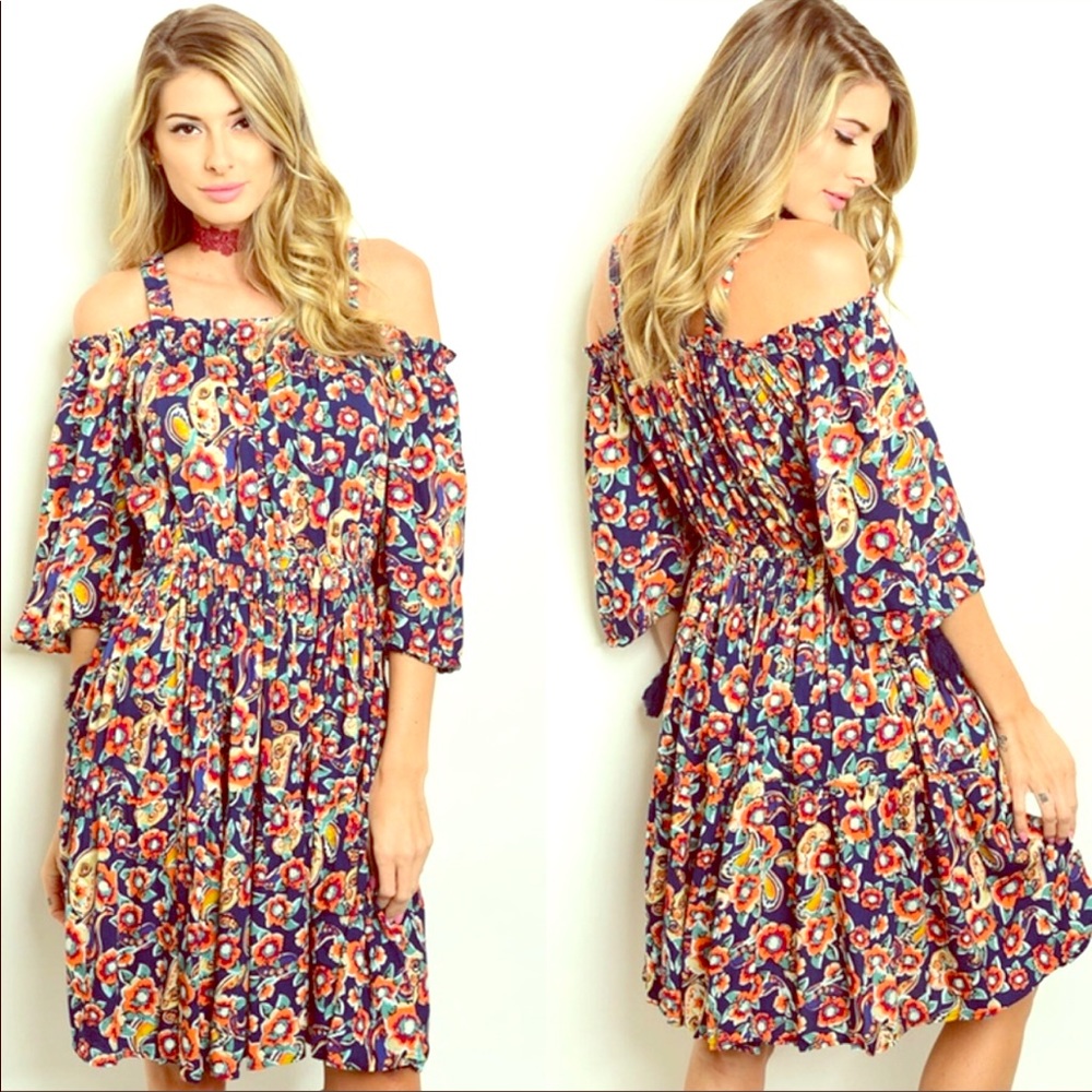 Navy Floral Off Shoulder Dress